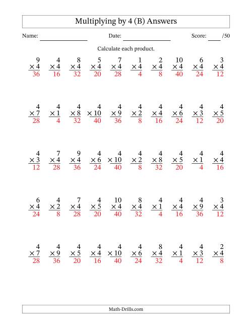 The Multiplying (1 to 10) by 4 (50 Questions) (B) Math Worksheet Page 2