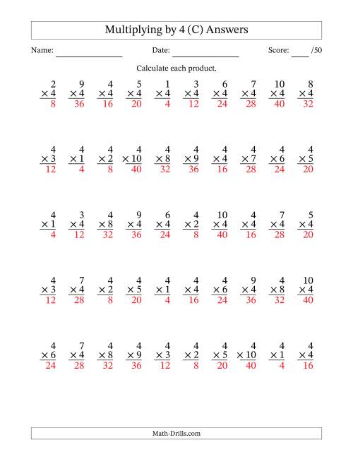 The Multiplying (1 to 10) by 4 (50 Questions) (C) Math Worksheet Page 2
