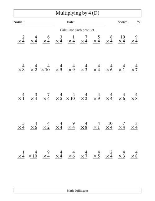 The Multiplying (1 to 10) by 4 (50 Questions) (D) Math Worksheet
