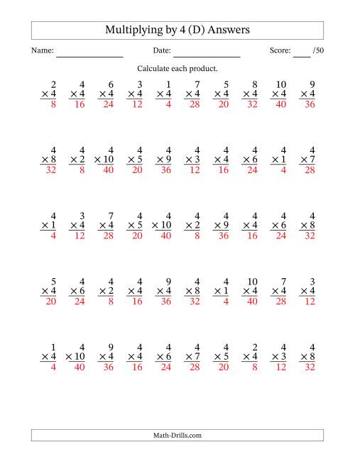 The Multiplying (1 to 10) by 4 (50 Questions) (D) Math Worksheet Page 2