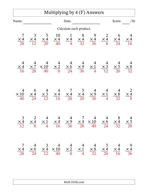 The Multiplying (1 to 10) by 4 (50 Questions) (F) Math Worksheet Page 2
