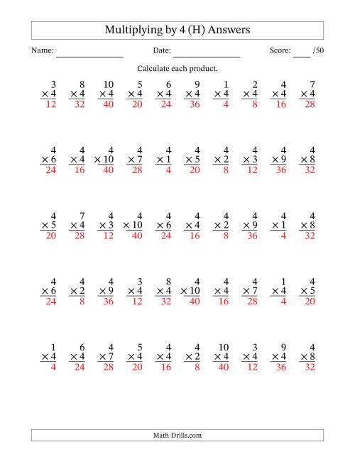 The Multiplying (1 to 10) by 4 (50 Questions) (H) Math Worksheet Page 2