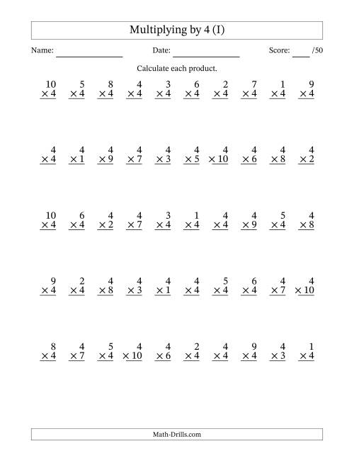 The Multiplying (1 to 10) by 4 (50 Questions) (I) Math Worksheet