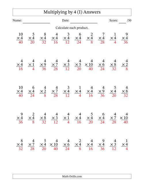 The Multiplying (1 to 10) by 4 (50 Questions) (I) Math Worksheet Page 2