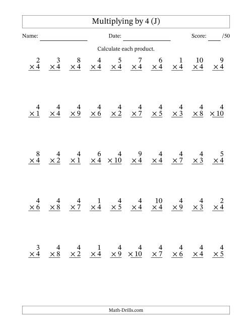 The Multiplying (1 to 10) by 4 (50 Questions) (J) Math Worksheet