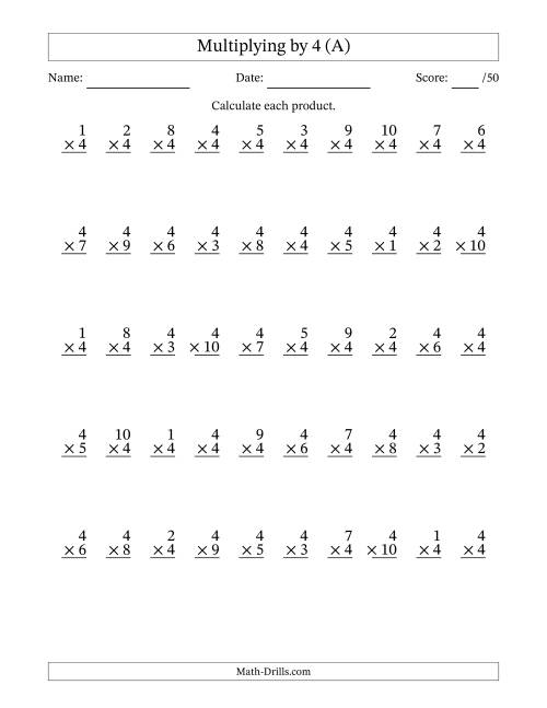 The Multiplying (1 to 10) by 4 (50 Questions) (All) Math Worksheet