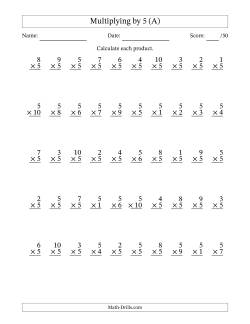 Multiplying (1 to 10) by 5 (50 Questions)