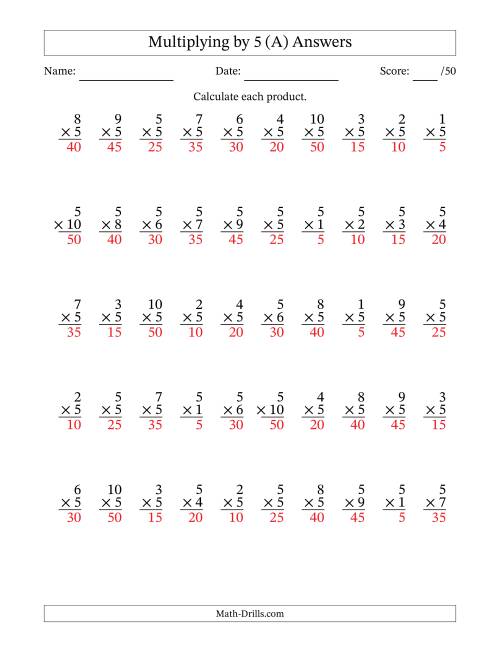 The Multiplying (1 to 10) by 5 (50 Questions) (A) Math Worksheet Page 2
