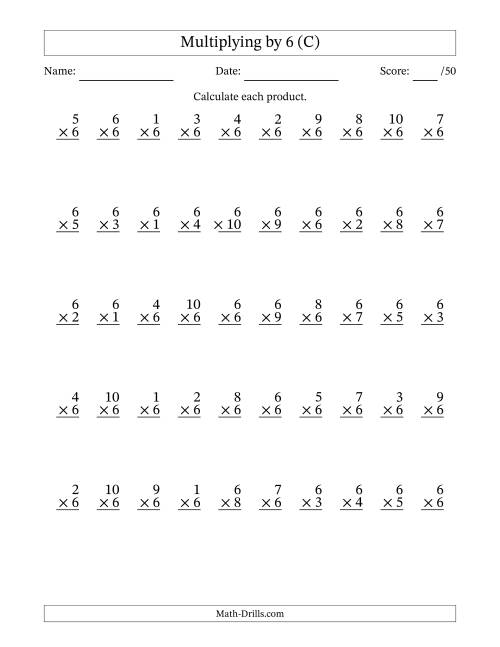 The Multiplying (1 to 10) by 6 (50 Questions) (C) Math Worksheet
