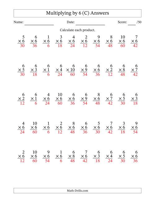 The Multiplying (1 to 10) by 6 (50 Questions) (C) Math Worksheet Page 2