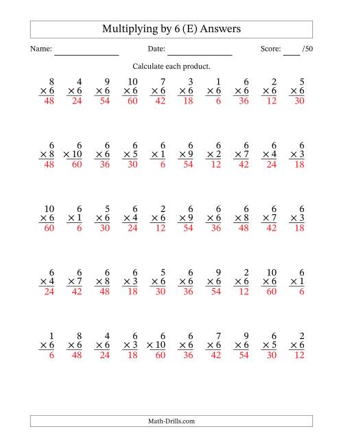 The Multiplying (1 to 10) by 6 (50 Questions) (E) Math Worksheet Page 2
