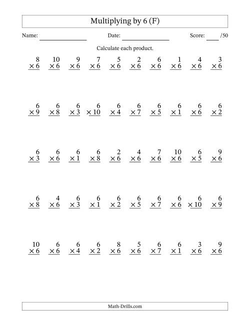 The Multiplying (1 to 10) by 6 (50 Questions) (F) Math Worksheet