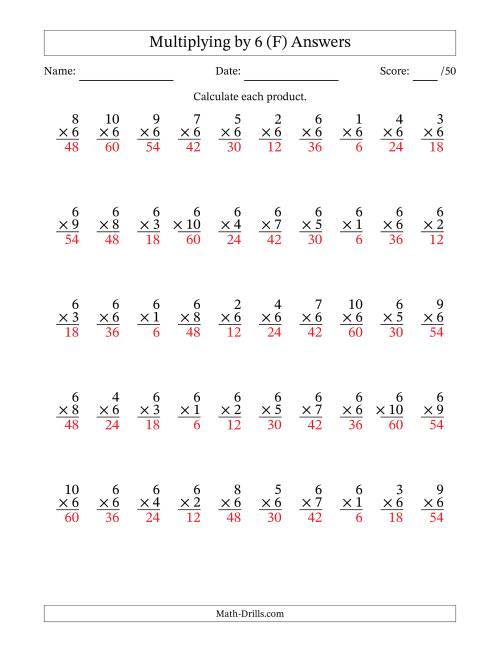 The Multiplying (1 to 10) by 6 (50 Questions) (F) Math Worksheet Page 2