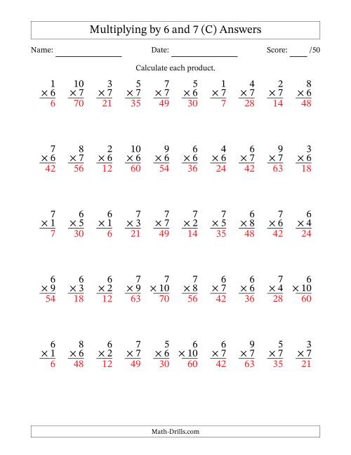 The Multiplying (1 to 10) by 6 and 7 (50 Questions) (C) Math Worksheet Page 2
