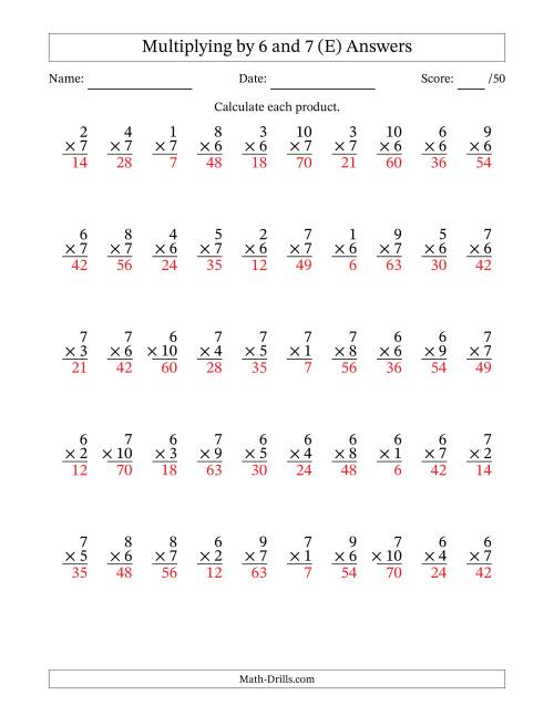 The Multiplying (1 to 10) by 6 and 7 (50 Questions) (E) Math Worksheet Page 2