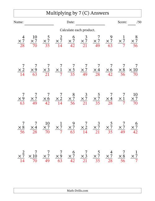 The Multiplying (1 to 10) by 7 (50 Questions) (C) Math Worksheet Page 2