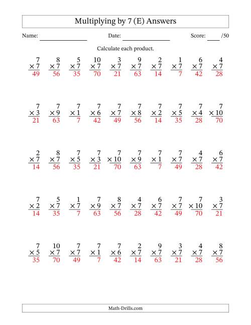The Multiplying (1 to 10) by 7 (50 Questions) (E) Math Worksheet Page 2