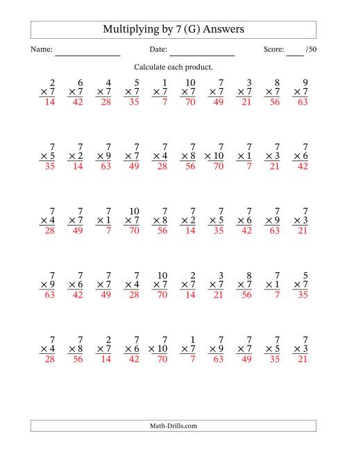 The Multiplying (1 to 10) by 7 (50 Questions) (G) Math Worksheet Page 2