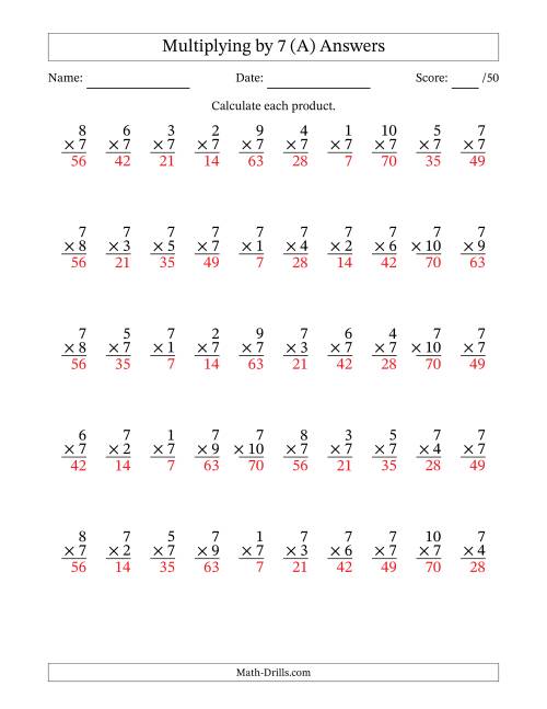 The Multiplying (1 to 10) by 7 (50 Questions) (All) Math Worksheet Page 2