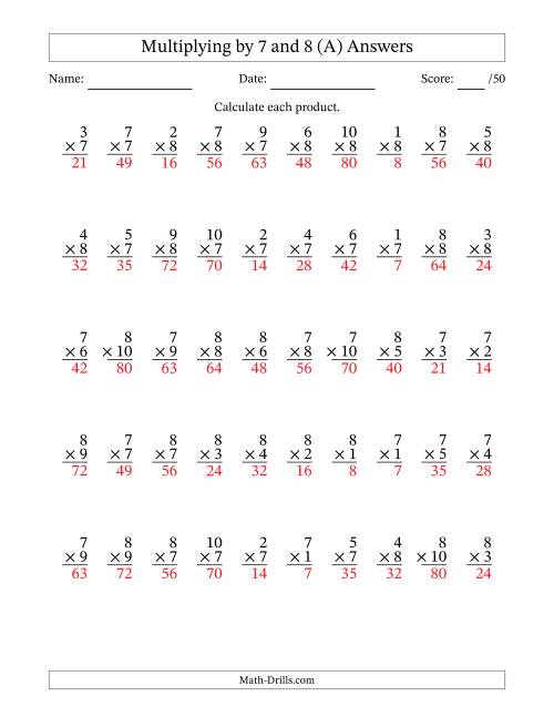 The Multiplying (1 to 10) by 7 and 8 (50 Questions) (A) Math Worksheet Page 2