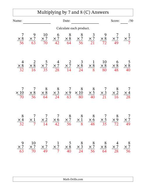 The Multiplying (1 to 10) by 7 and 8 (50 Questions) (C) Math Worksheet Page 2