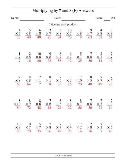The Multiplying (1 to 10) by 7 and 8 (50 Questions) (F) Math Worksheet Page 2