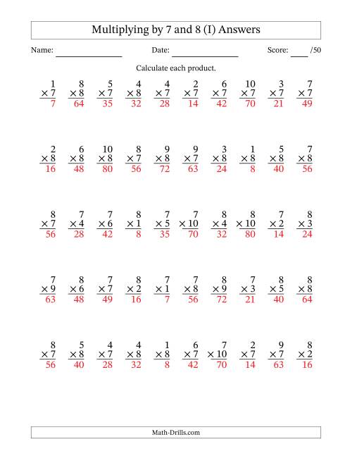 The Multiplying (1 to 10) by 7 and 8 (50 Questions) (I) Math Worksheet Page 2