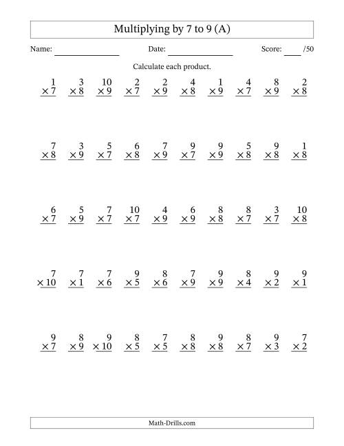 The Multiplying (1 to 10) by 7 to 9 (50 Questions) (A) Math Worksheet