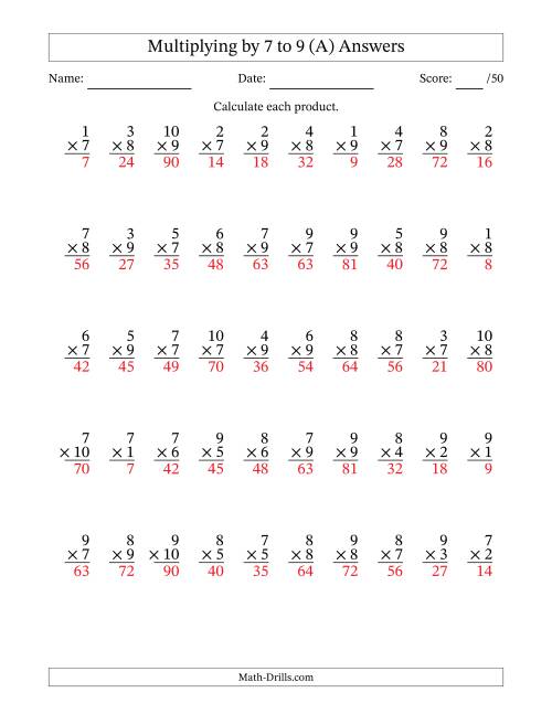 The Multiplying (1 to 10) by 7 to 9 (50 Questions) (A) Math Worksheet Page 2