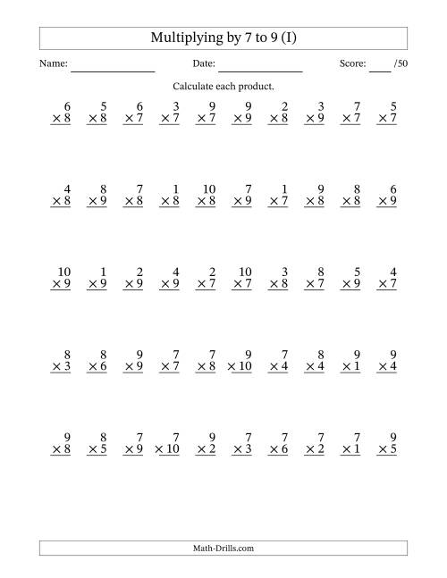 The Multiplying (1 to 10) by 7 to 9 (50 Questions) (I) Math Worksheet