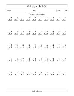 Multiplying (1 to 10) by 8 (50 Questions)