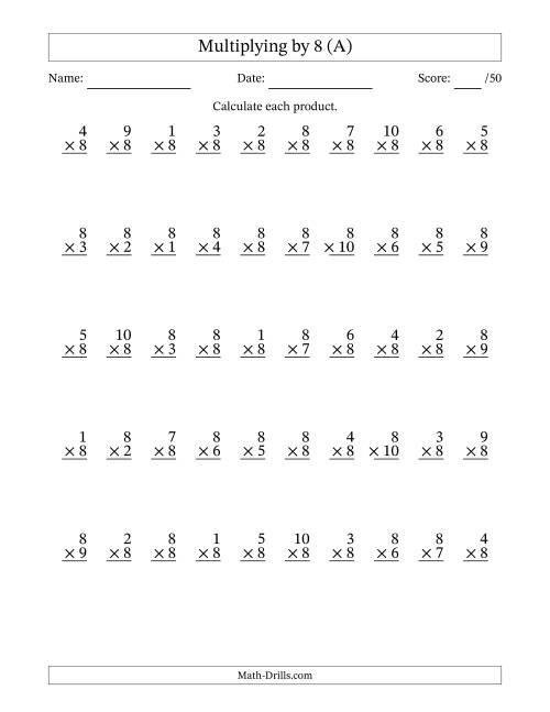 The Multiplying (1 to 10) by 8 (50 Questions) (A) Math Worksheet