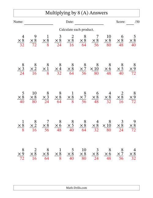 The Multiplying (1 to 10) by 8 (50 Questions) (A) Math Worksheet Page 2