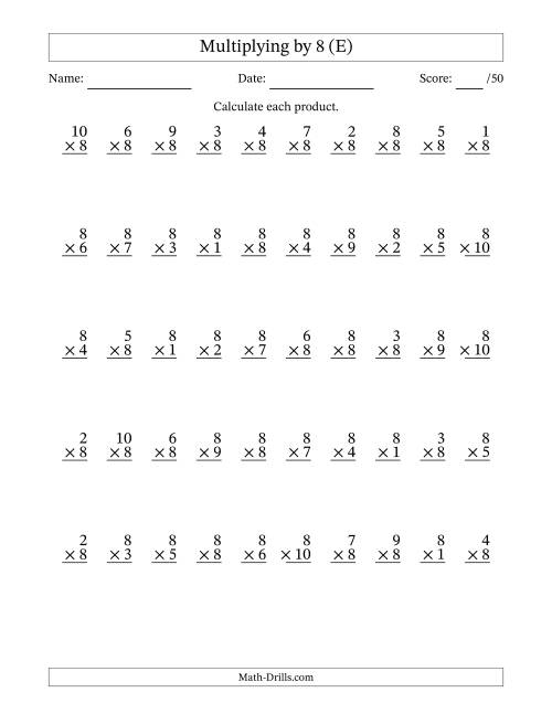 The Multiplying (1 to 10) by 8 (50 Questions) (E) Math Worksheet