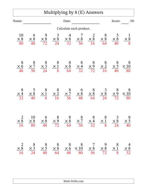 The Multiplying (1 to 10) by 8 (50 Questions) (E) Math Worksheet Page 2