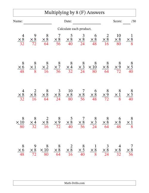 The Multiplying (1 to 10) by 8 (50 Questions) (F) Math Worksheet Page 2