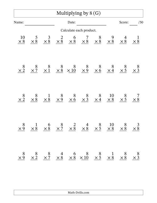 The Multiplying (1 to 10) by 8 (50 Questions) (G) Math Worksheet