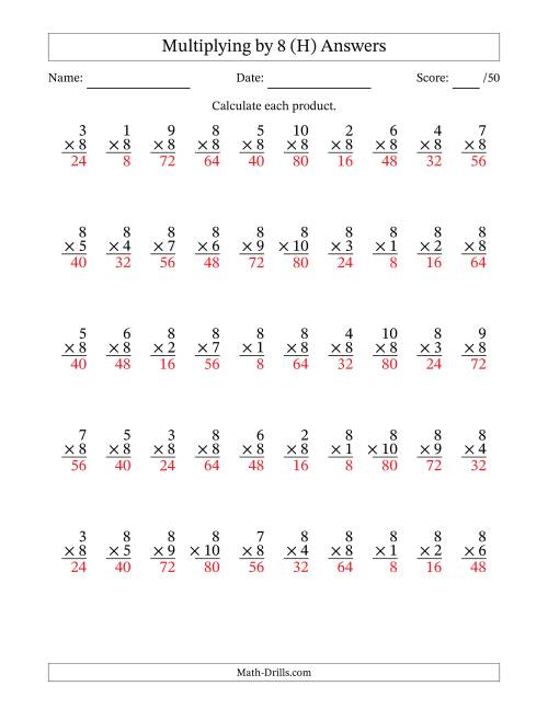The Multiplying (1 to 10) by 8 (50 Questions) (H) Math Worksheet Page 2