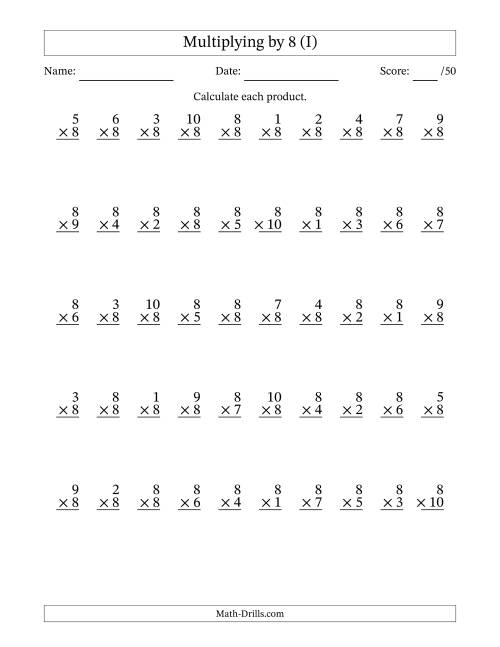 The Multiplying (1 to 10) by 8 (50 Questions) (I) Math Worksheet