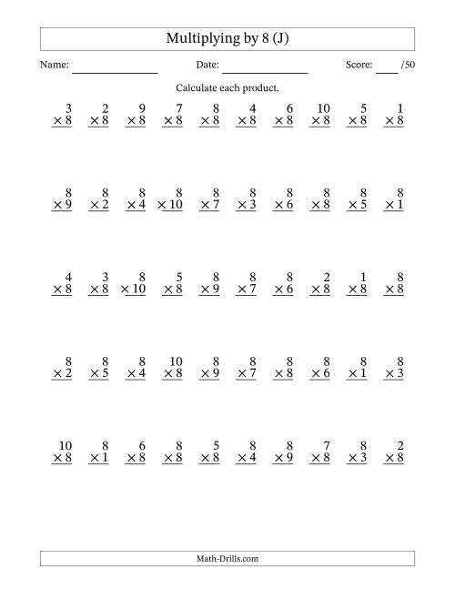 The Multiplying (1 to 10) by 8 (50 Questions) (J) Math Worksheet