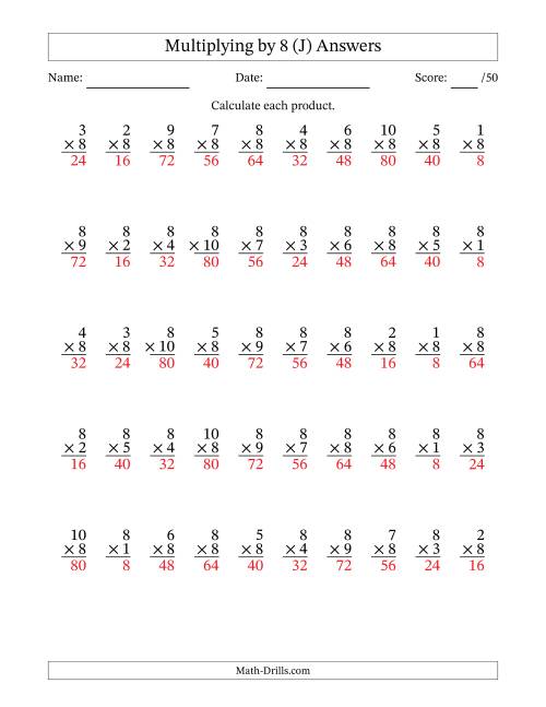 The Multiplying (1 to 10) by 8 (50 Questions) (J) Math Worksheet Page 2