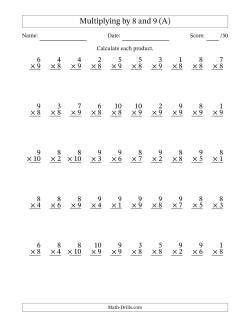 Multiplying (1 to 10) by 8 and 9 (50 Questions)