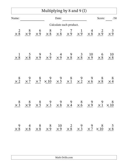 The Multiplying (1 to 10) by 8 and 9 (50 Questions) (I) Math Worksheet