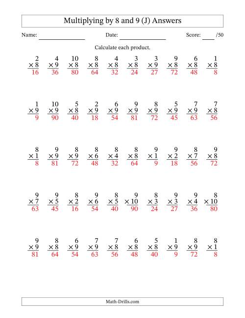 The Multiplying (1 to 10) by 8 and 9 (50 Questions) (J) Math Worksheet Page 2