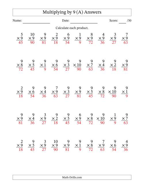 The Multiplying (1 to 10) by 9 (50 Questions) (A) Math Worksheet Page 2