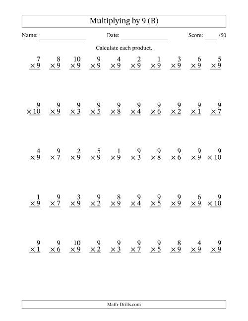 The Multiplying (1 to 10) by 9 (50 Questions) (B) Math Worksheet