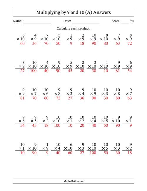 The Multiplying (1 to 10) by 9 and 10 (50 Questions) (A) Math Worksheet Page 2