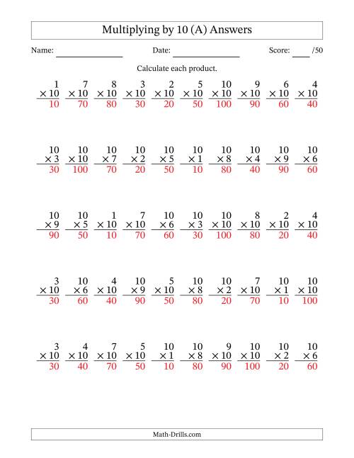 The Multiplying (1 to 10) by 10 (50 Questions) (A) Math Worksheet Page 2