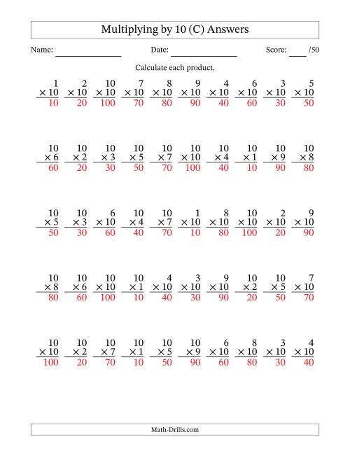 The Multiplying (1 to 10) by 10 (50 Questions) (C) Math Worksheet Page 2