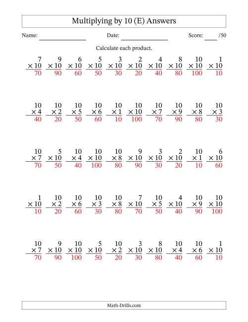 The Multiplying (1 to 10) by 10 (50 Questions) (E) Math Worksheet Page 2
